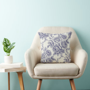 Elegant Floral Blue Cream Roses Toile de Jouy Cushion