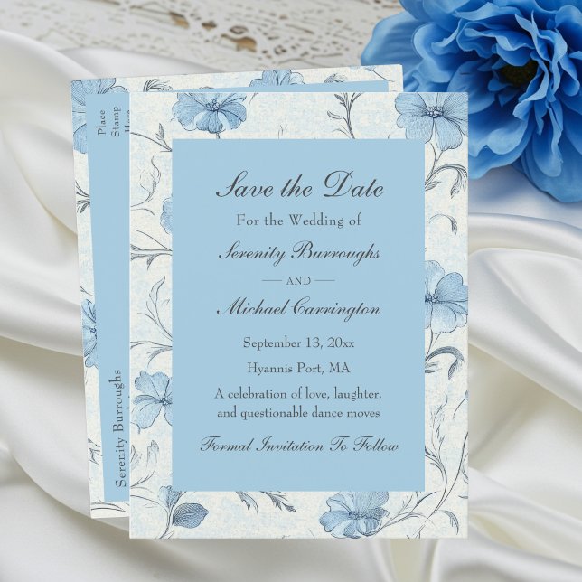 Elegant Floral Blue Garden Wedding Save the Date Announcement Postcard (Creator Uploaded)