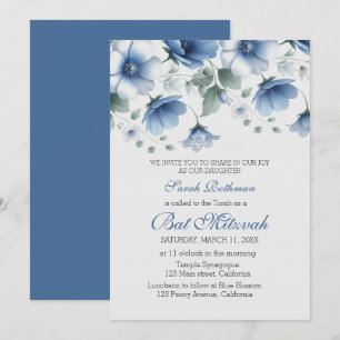 Elegant Floral Blue Girl Bat Mitzvah Invitation