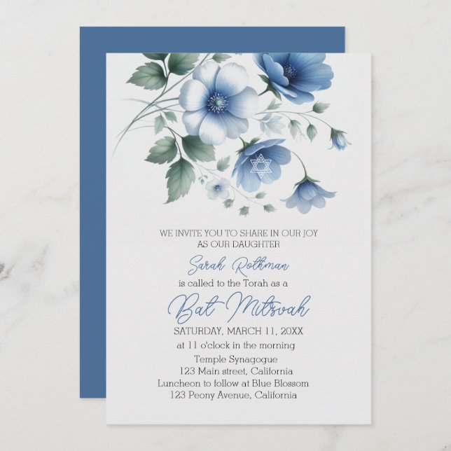 Elegant Floral Blue Girl Bat Mitzvah Invitation (Front/Back)