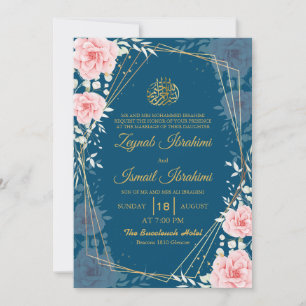 Elegant Floral Blue Gold Islamic Muslim Wedding Invitation