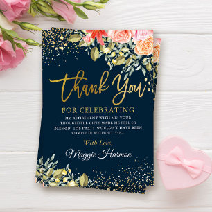 Elegant Floral Blue Gold Surprise Retirement Party Thank You Card