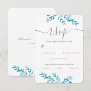 Elegant Floral Blue Grey Traditional Wedding RSVP Card