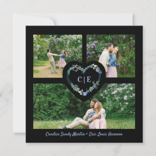 Elegant Floral Blue Heart 3 Photos Engagement Invitation