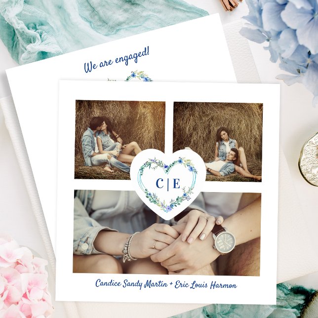 Elegant Floral Blue Heart 3 Photos Engagement Save The Date (Creator Uploaded)