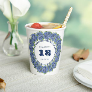Elegant Floral Blue Hydrangea 18th Birthday Party Paper Cups