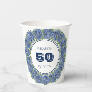 Elegant Floral Blue Hydrangea 50th Birthday Party Paper Cups