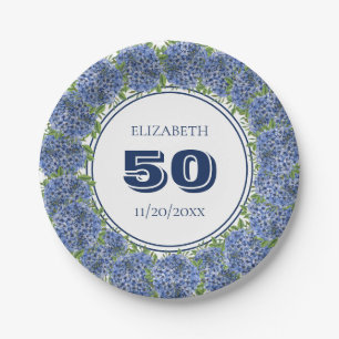 Elegant Floral Blue Hydrangea 50th Birthday Party Paper Plate