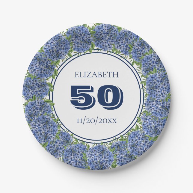 Elegant  Floral Blue Hydrangea 50th Birthday Party Paper Plate (Front)