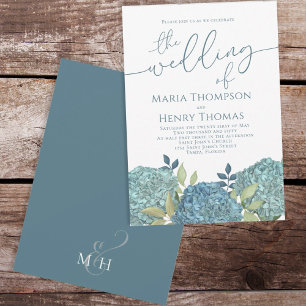 Elegant Floral Blue Hydrangea Foliage Calligraphy Invitation