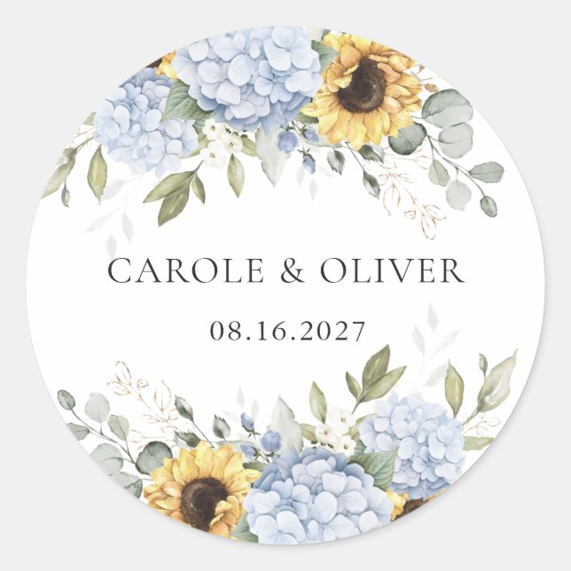Elegant Floral Blue Hydrangea Sunflowers Wedding Classic Round Sticker (Front)