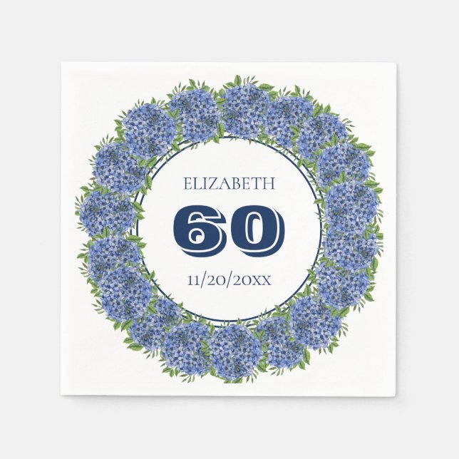 Elegant Floral Blue Hydrangeas 60th Birthday Party Napkin (Front)