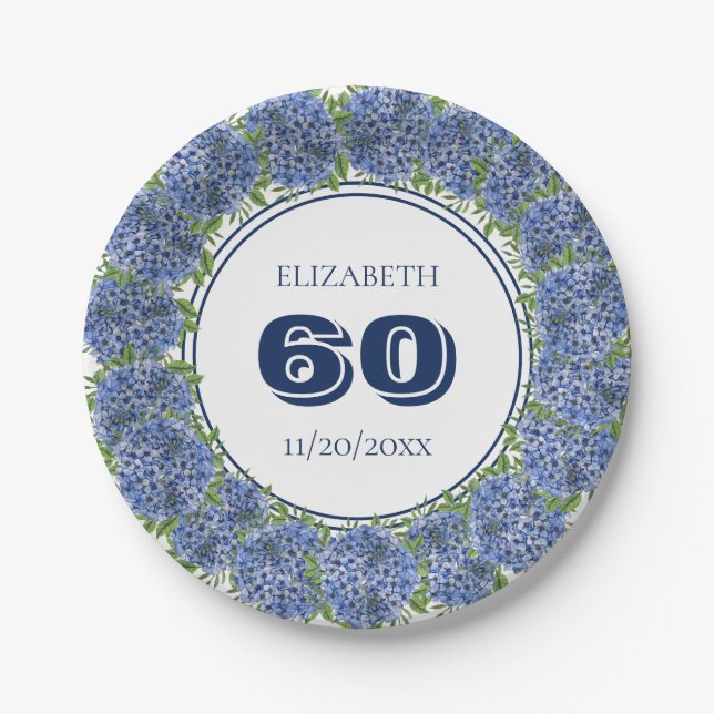 Elegant Floral Blue Hydrangeas 60th Birthday Party Paper Plate (Front)