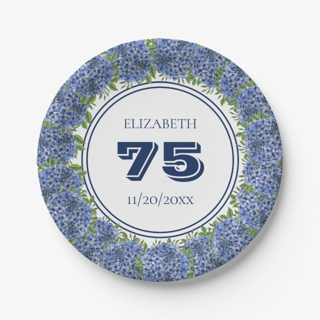 Elegant Floral Blue Hydrangeas 75th Birthday Party Paper Plate (Front)