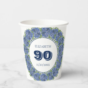 Elegant Floral Blue Hydrangeas 90th Birthday Party Paper Cups