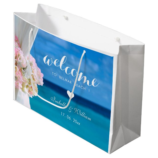 Elegant Floral Blue Ocean Beach Wedding Large Gift Bag (Front Angled)