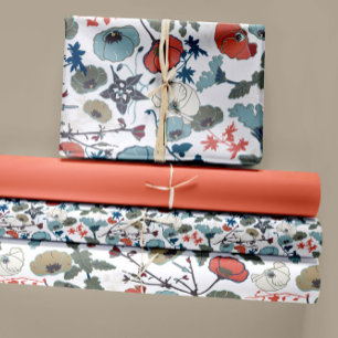 Elegant Floral Blue Orange Green Flowers Wrapping Paper Sheet