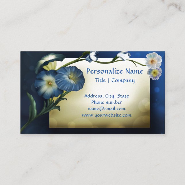 Elegant Floral Blue Petunias Ivory Background Business Card (Front)