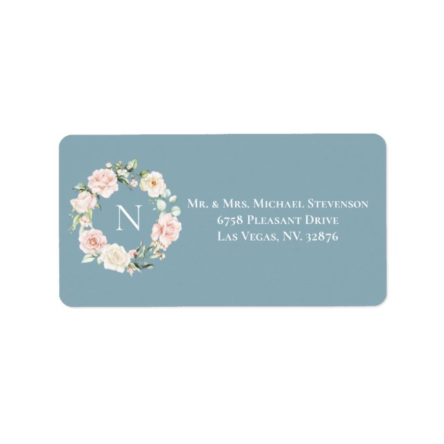Elegant Floral Blue Pink Blush Monogram Wedding Label (Front)