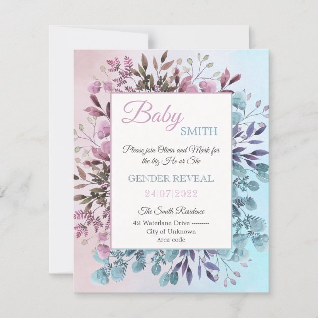 Elegant Floral Blue Pink gender reveal invitation (Front)