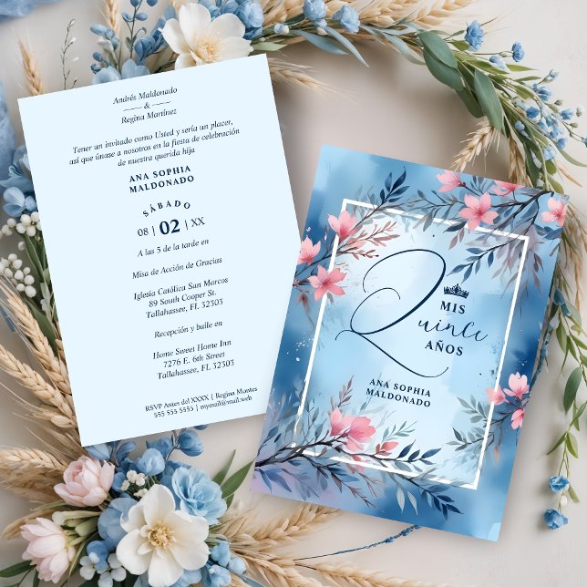 Elegant Floral Blue & Pink Romantic Frame XV's Invitation (Elegant Floral Blue & Pink Romantic Frame Mis XV Años Invitations Cards in Spanish.)