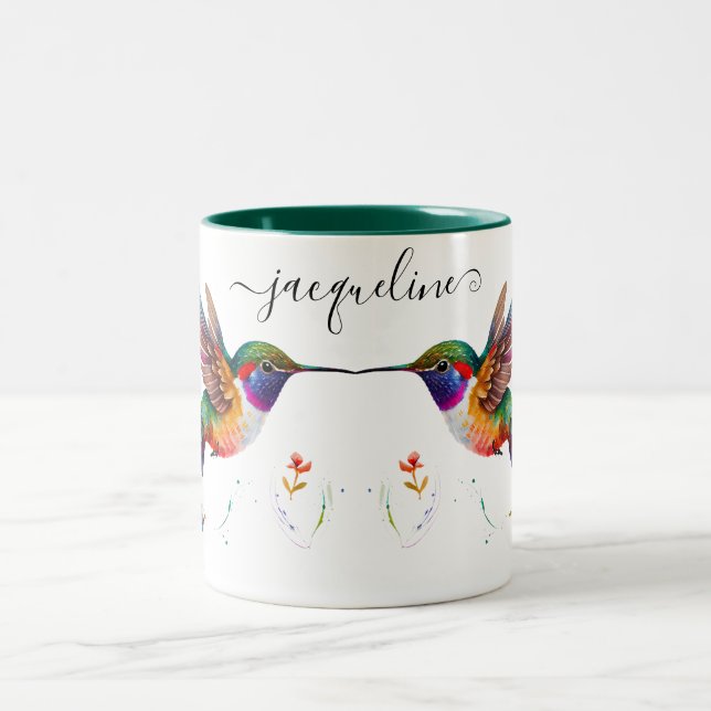 Elegant Floral Blue Purple Hummingbird Customised Two-Tone Coffee Mug (Center)
