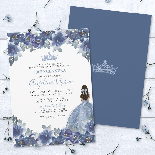 Elegant Floral Blue Quinceanera Invitation (Elegant Floral Blue Quinceanera Invitation)