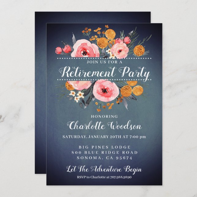 Elegant Floral Blue Retirement Party Invitation (Front/Back)