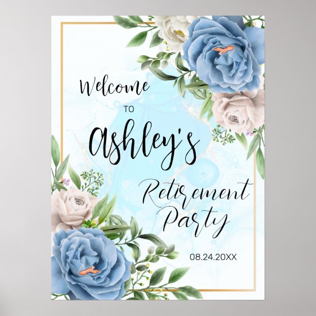 Elegant Floral Blue Retirement Party Welcome Sign (Front)