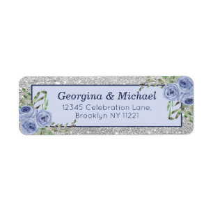 Elegant Floral Blue Silver Glitter Sparkle Return Address Label