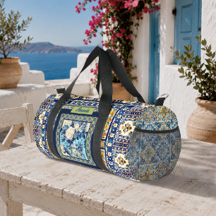Elegant floral blue tile chinoiserie monogram duffle bag
