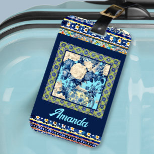 Elegant floral blue tile chinoiserie monogram luggage tag