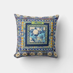 Elegant floral blue tile chinoiserie monogram note cushion