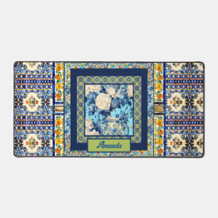Elegant floral blue tile chinoiserie monogram note desk mat