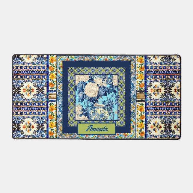 Elegant floral blue tile chinoiserie monogram note desk mat (Front)