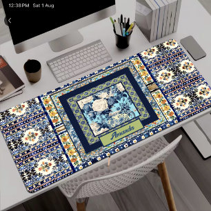 Elegant floral blue tile chinoiserie monogram note desk mat
