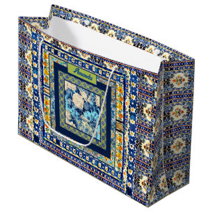 Elegant floral blue tile chinoiserie monogram note large gift bag