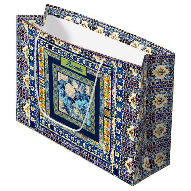 Elegant floral blue tile chinoiserie monogram note large gift bag (Front Angled)