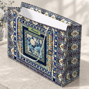 Elegant floral blue tile chinoiserie monogram note large gift bag