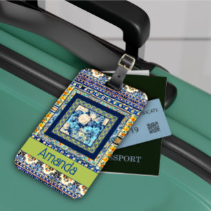 Elegant floral blue tile chinoiserie monogram note luggage tag