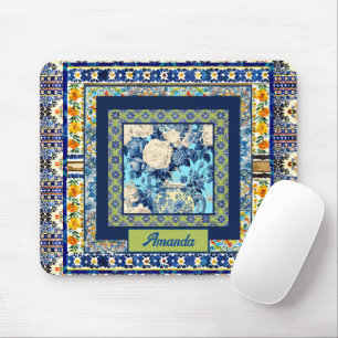Elegant floral blue tile chinoiserie monogram note mouse pad
