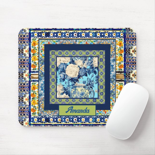 Elegant floral blue tile chinoiserie monogram note mouse pad (With Mouse)