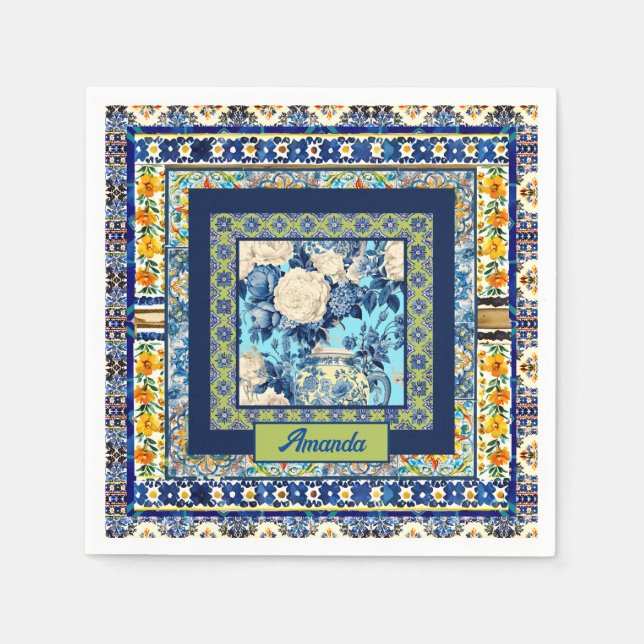 Elegant floral blue tile chinoiserie monogram note napkin (Front)