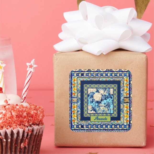 Elegant floral blue tile chinoiserie monogram note square sticker (Party)