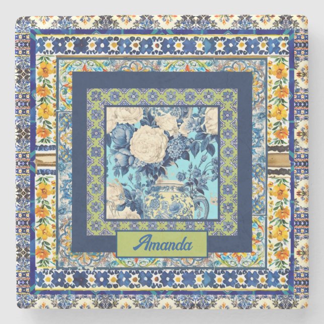 Elegant floral blue tile chinoiserie monogram note stone coaster (Front)