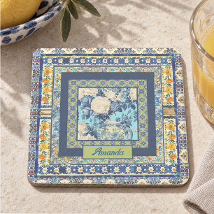 Elegant floral blue tile chinoiserie monogram note stone coaster