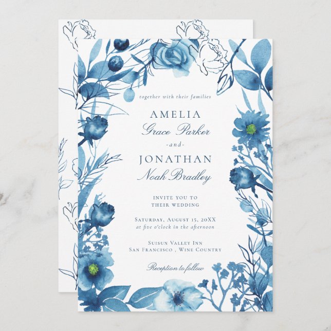 Elegant Floral Blue Wedding Invitation (Front/Back)