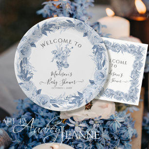 Elegant Floral Blue White Welcome Baby Girl Shower Paper Plate