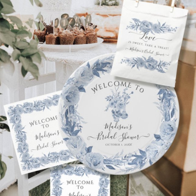 Elegant Floral Blue White Welcome Bridal Shower Paper Plate (Creator Uploaded)