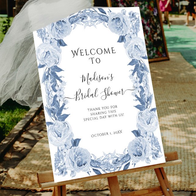 Elegant Floral Blue White Welcome Bridal Shower Poster (Creator Uploaded)